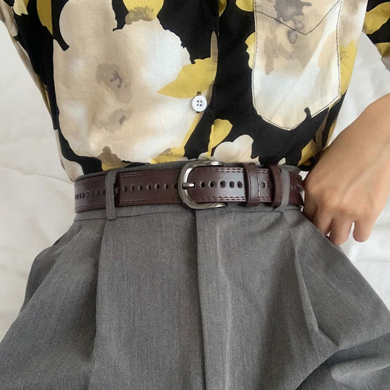 

Retro Black PU Leather Full Eyelet Waist Belt For Men Women Metal Pin Buckle Adjustable Waistband Unisex Jeans Pants Straps