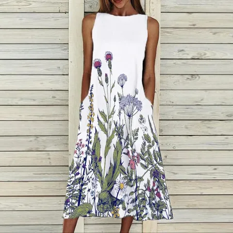 Women Summer Big Swing Women Dress Summer New Sleeveless Elegant Floral Print Dress Casual Party Beach Pockets Vestidos