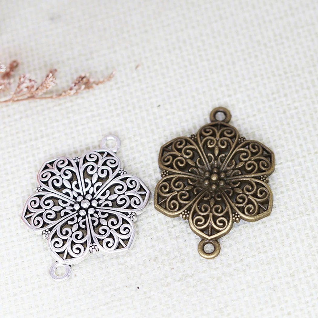 

10pcs Flower Connector Carving Freshflower Charms Antique Bronze Silver Pendant For Jewelry Making Couple Christmas Gift 40x28mm