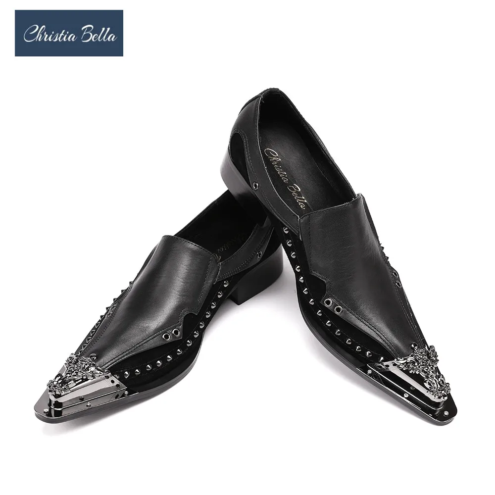 

Christia Bella Fashion Pointed Toe Rivet Men Dress Shoes Plus Size Party Men Black Genuine Leather Shoes Oxford Shoes for Men