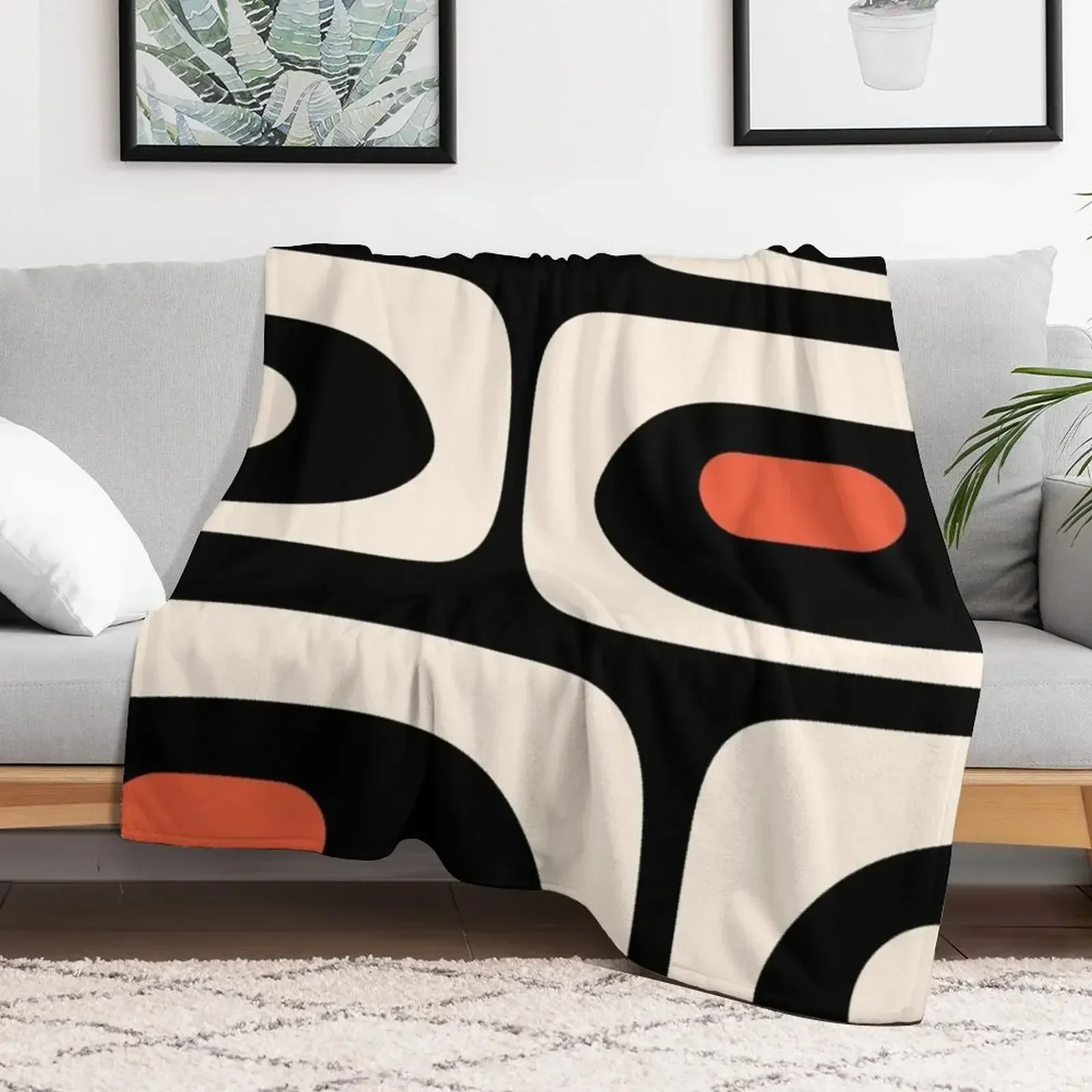 Современное одеяло середины века с абстрактным узором черное оранжевое