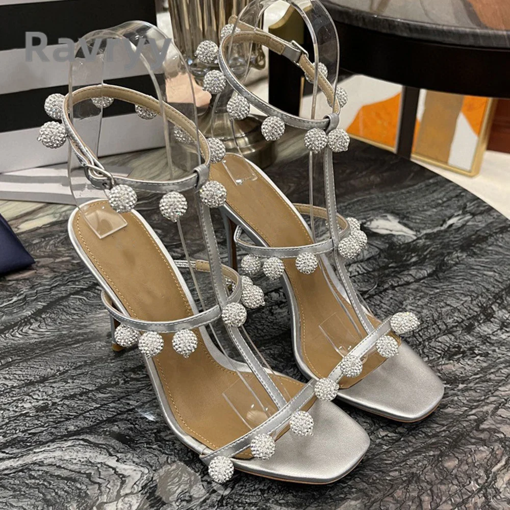 2023 Summer New Rhinestone Ball Versatile Super High Heel Sandals Genuine Leather Slim Heel Sexy Open Toe Women's Daily Sandals
