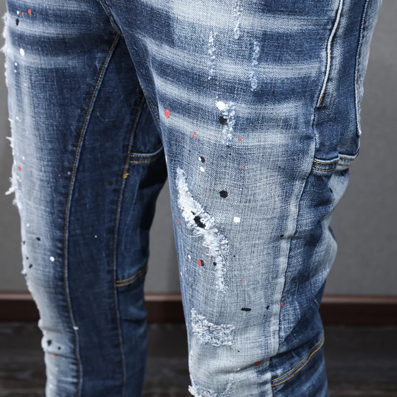 Fashion Designer Men Jeans Retro Blue Stretch Slim Painted Ripped Jeans Men Hip Hop Denim Pants Hombre Casual Vintage Trousers