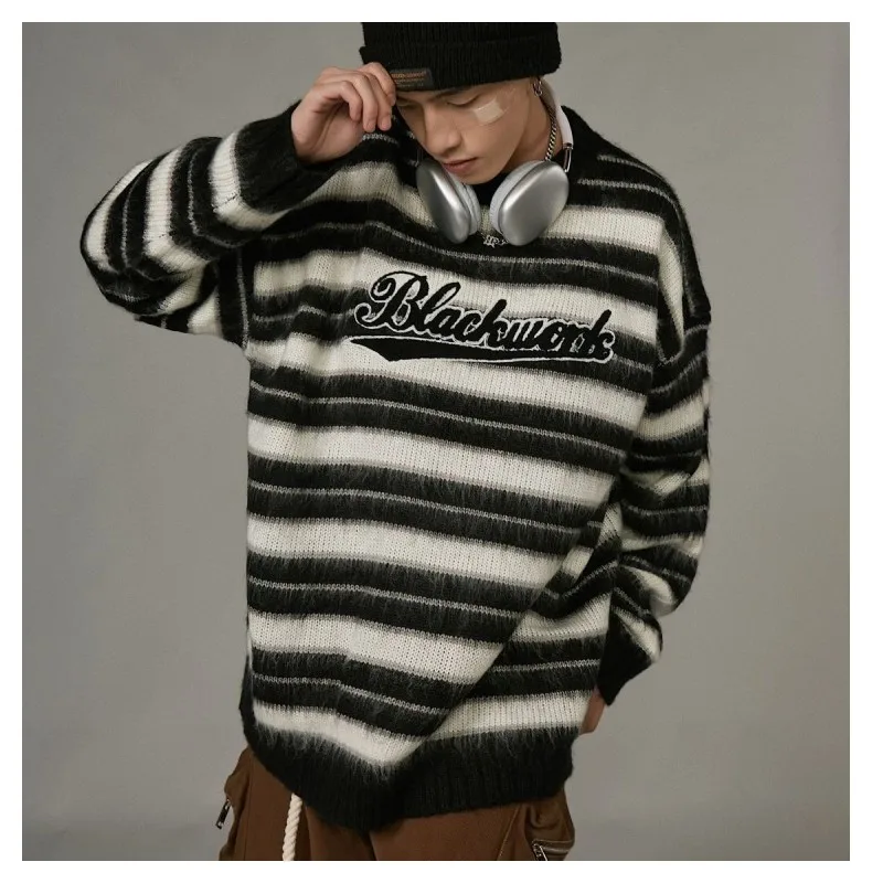 Sweaters Fashion Brand Advanced Gradual Stripe Embroid Sweaters Men's Autumn and Winter Gentle Lazy Wind Soft Waxy Sweaters