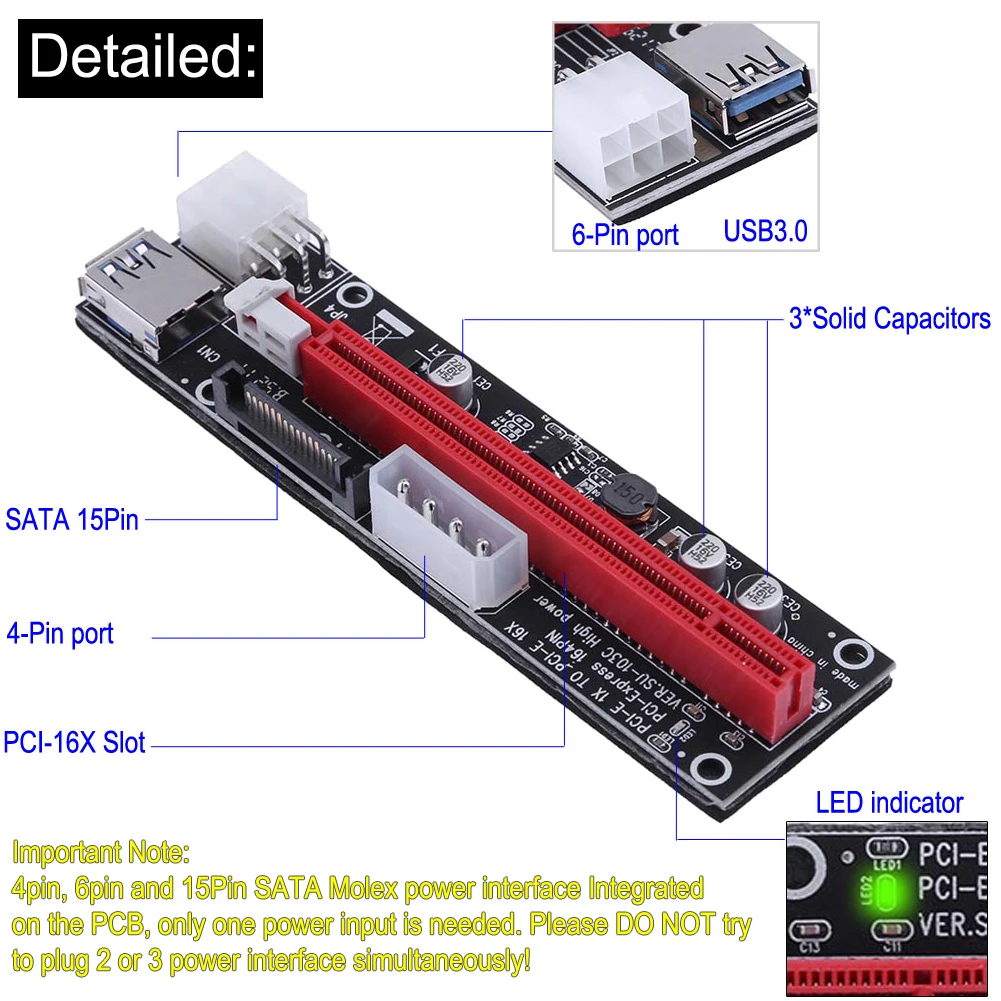 

4pin 6pin Райзер удлинитель карты SATA Power PCI Express 1x до 16X Майнер бытовой компьютер Запчасти для майнинга биткоинов