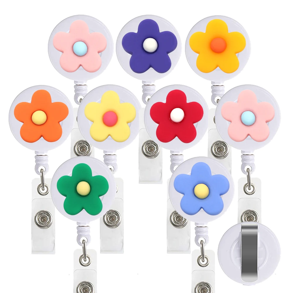 9pcs Lot Colorful Flowers Retractable ID Card Badge Clip Holder Reel for Nurse Doctor Student Office Porta Credencial