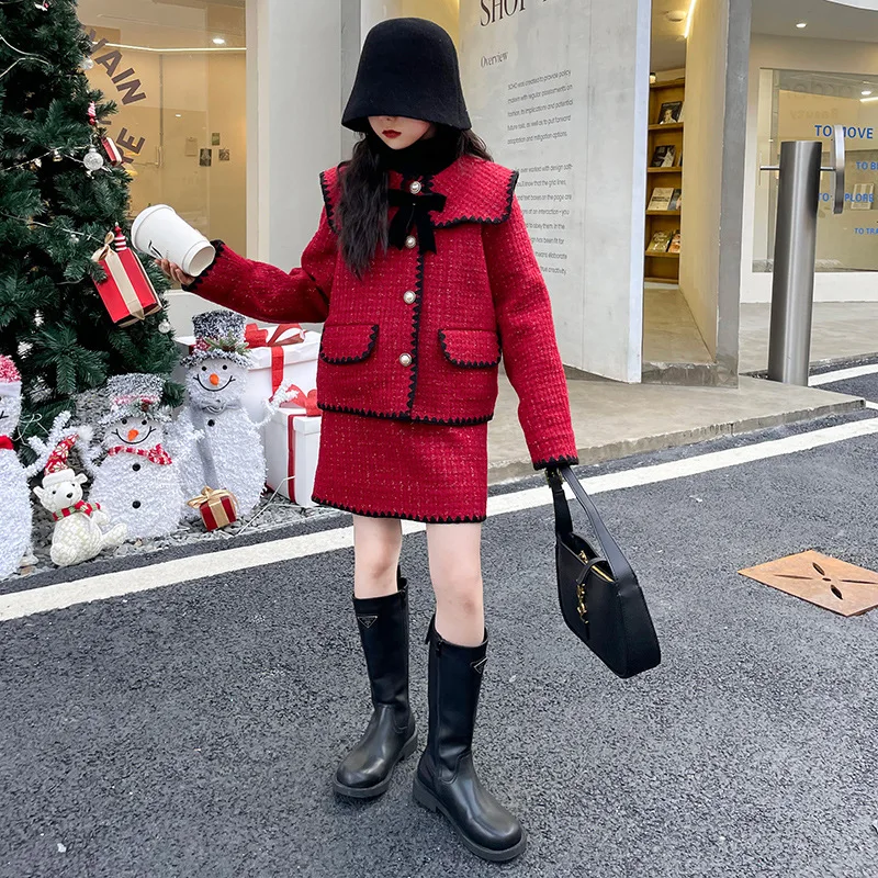 

Рождественский комплект для девочек, зимняя утепленная красная куртка, юбка, комплект из двух предметов, одежда для подростков, Новогодняя ...