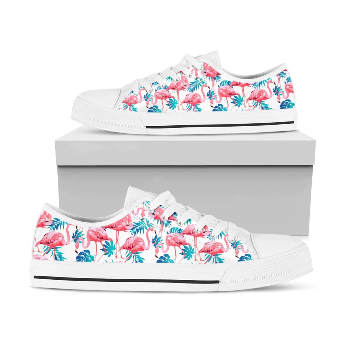 BKQU Women's Pink Flamingo Print Sports Shoes Canvas Shoes 2022 Lace Up Canvas Shoes White Blue Strappy Casual Shoes Flat Shoes