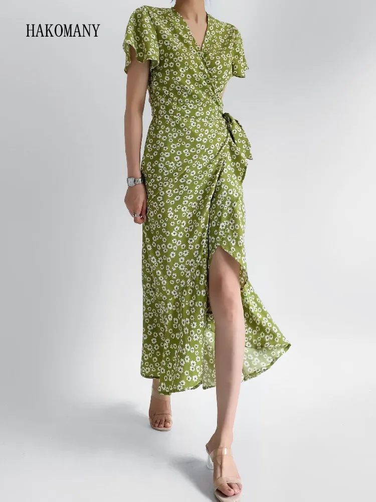 

Женское платье средней длины с запахом, праздничное платье во французском ретро-стиле с V-образным вырезом, расклешенными рукавами, бантом и поясом-бантом, зеленое платье с запахом и цветочным принтом маргариток, 2023