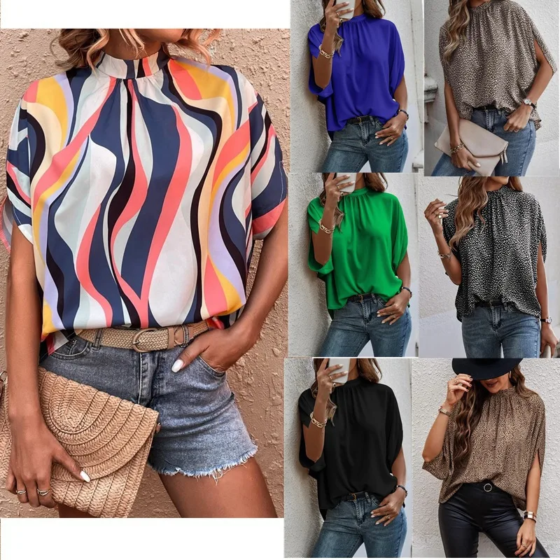 

Women's Shirt Summer New Casual Fashion Print Open Bat Sleeve Tops Female