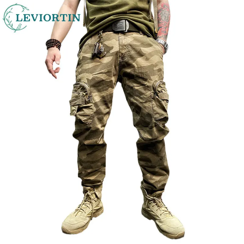 

Men Combat Tactical Pants Military Waterproof Camo Large Pocket Washed Cotton Cargo Casual Pants Camouflage Hiking Trousers Male
