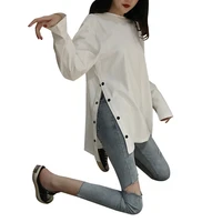 women t shirt spring autumn korean version of solid color long sleeved comfortable loose student split blouse casual pullove