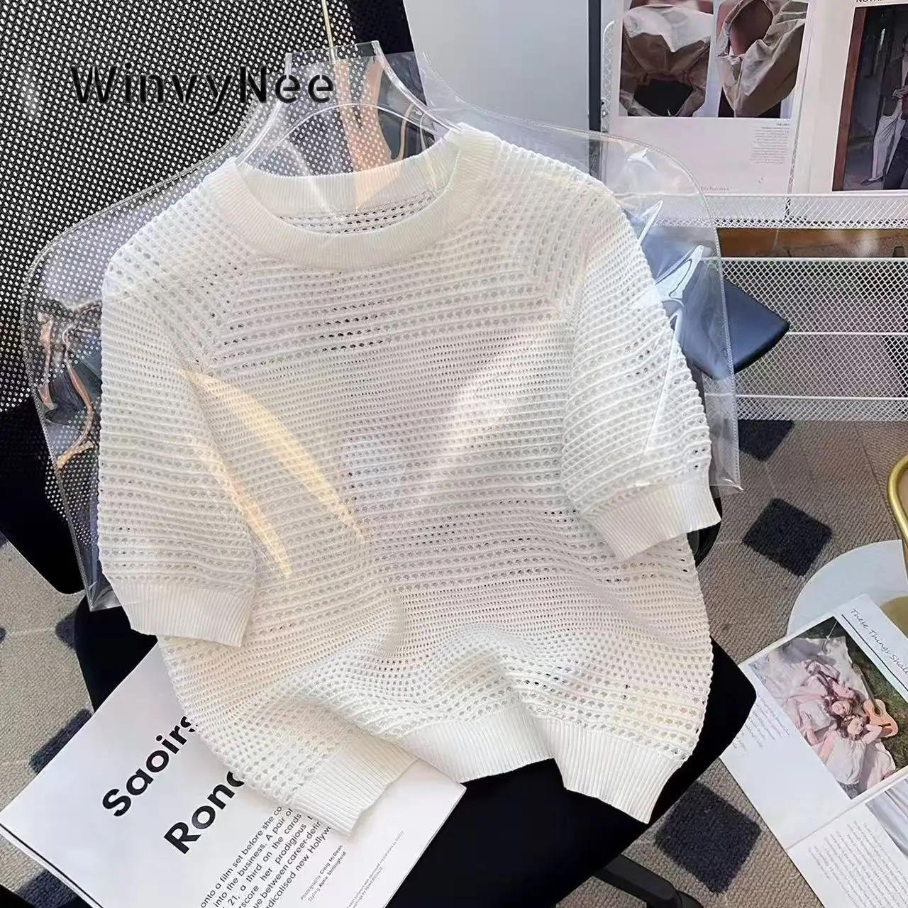 Фото Женская трикотажная безрукавка WinvyNee из чистого хлопка с ажурным узором, круглым вырезом, базовая модель для многослойных образов, осень-зима ZA1732003 №2