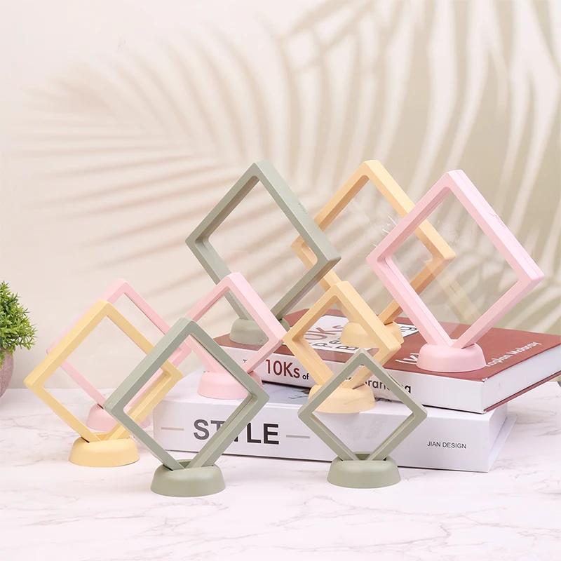 

PE Film Jewelry Storage Box 3D Packaging Case Gemstone Free Stand Floating Frame Membrane Ring Earrings Necklace Display Holder
