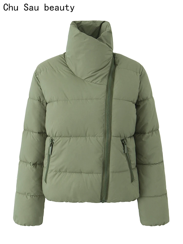 

Chu Sau красивые женские зимние модные уличные стильные толстые куртки с Диагональной молнией, пальто, повседневные шикарные пальто с высоким воротником и карманами