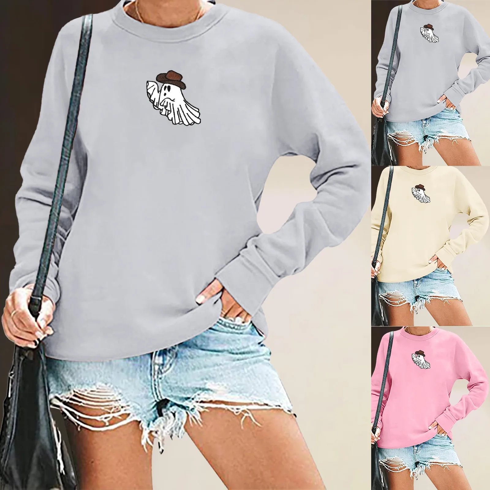 

Women Halloween Print Crewneck Loose Sweatshirt Casual Long Sleeve Pullover Tops Cow Print Pullover