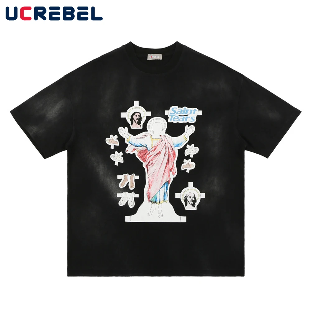 

Cartoon Print Short Sleeve T-shirt Mens Summer Tie-dye Cotton Tee Streetwear Distressed Loose Casual Crew Neck Half-Sleeve Men