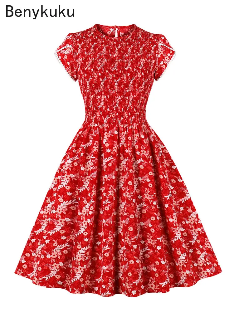 

Petal Sleeve Keyhole Back Red Pleated Dress Women Vintage Clothing Floral Print Shirred Bust O-Neck Vacation Summer Dresses