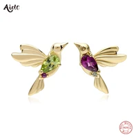 aide 925 sterling silver green purple cubic zirconia bird stud earrings for women vintage 18k gold plated mismatched earrings