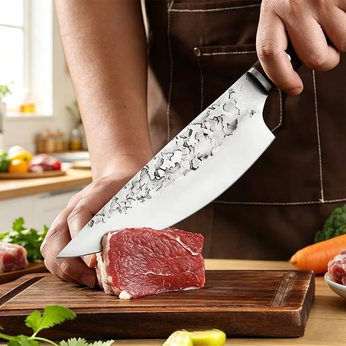 Фото Кованый нож мясника из нержавеющей стали, кухонный тесак для рубки мяса с деревянной ручкой, кулинарный нож №2