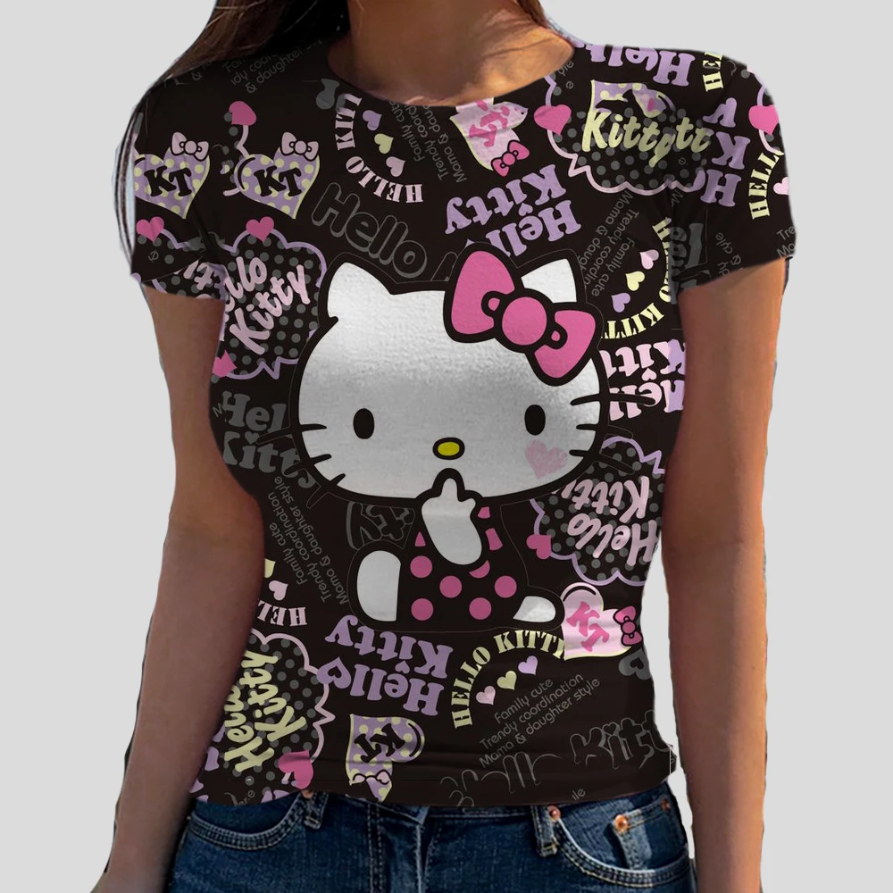 Женская футболка с круглым вырезом и принтом Hello Kitty эластичная Базовая