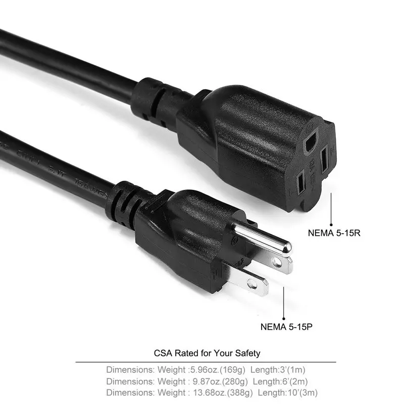 Cable de alimentación NEMA 5-15R a 5-15P, 1/2/3m, enchufe de EE. UU., 16AWG, Cable de extensión de alimentación CA de alta resistencia para PC, Monitor de ordenador, PSU, proyector