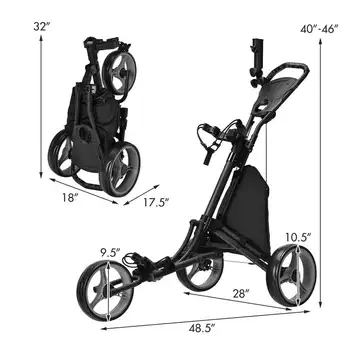 3-Wheel Golf Push Pull Cart Trolley with Adjustable Handle, Gray