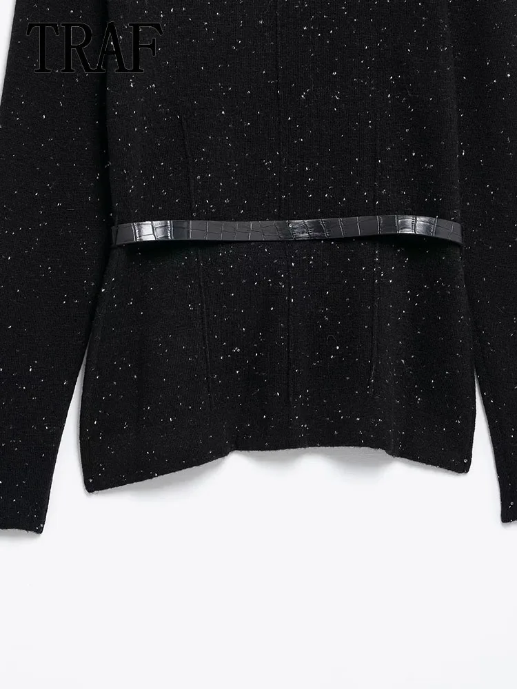 TRAF женский вязаный свитер с воротником-стойкой новый осенний декоративный пояс