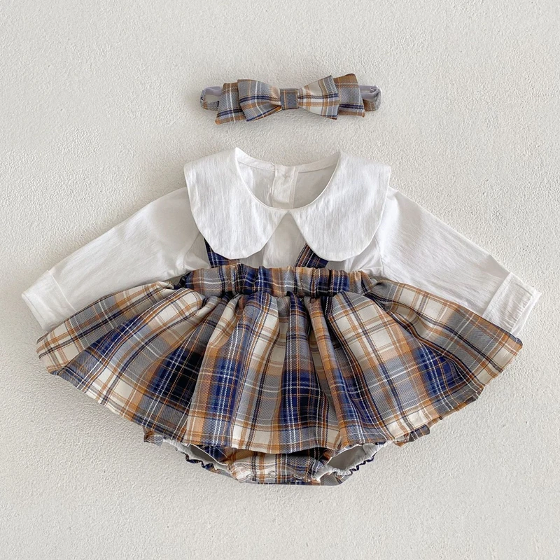 

Baby Girl Clothing Sets Spring Autumn Plaid Suspender Skirt + Peter Pan Collar White Blouse Suit for Infants Cotton Kids Clothes