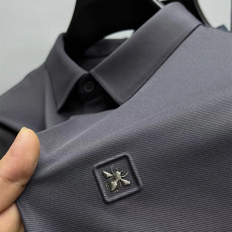 High End Ice Silk Long Sleeved Polo Shirt Men's Little Bee Luxury New2023 Lapel Autumn Embroidery Fashion Business T-shirt M-4XL