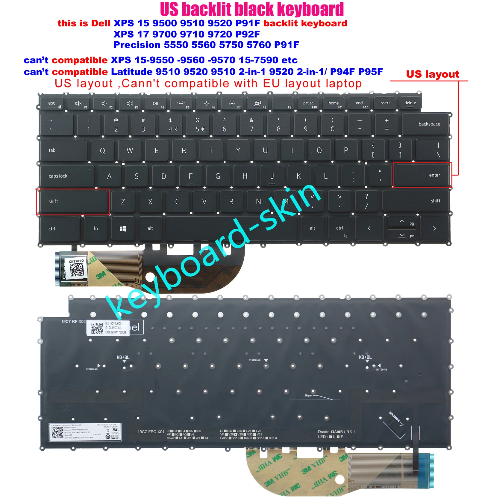 

New US Backlit Keyboard For Dell XPS 15 9500 9510 9520 P91F,XPS 17 9700 9710 9720 P92F,Precision 5550 5560 5750 5760 P91F laptop