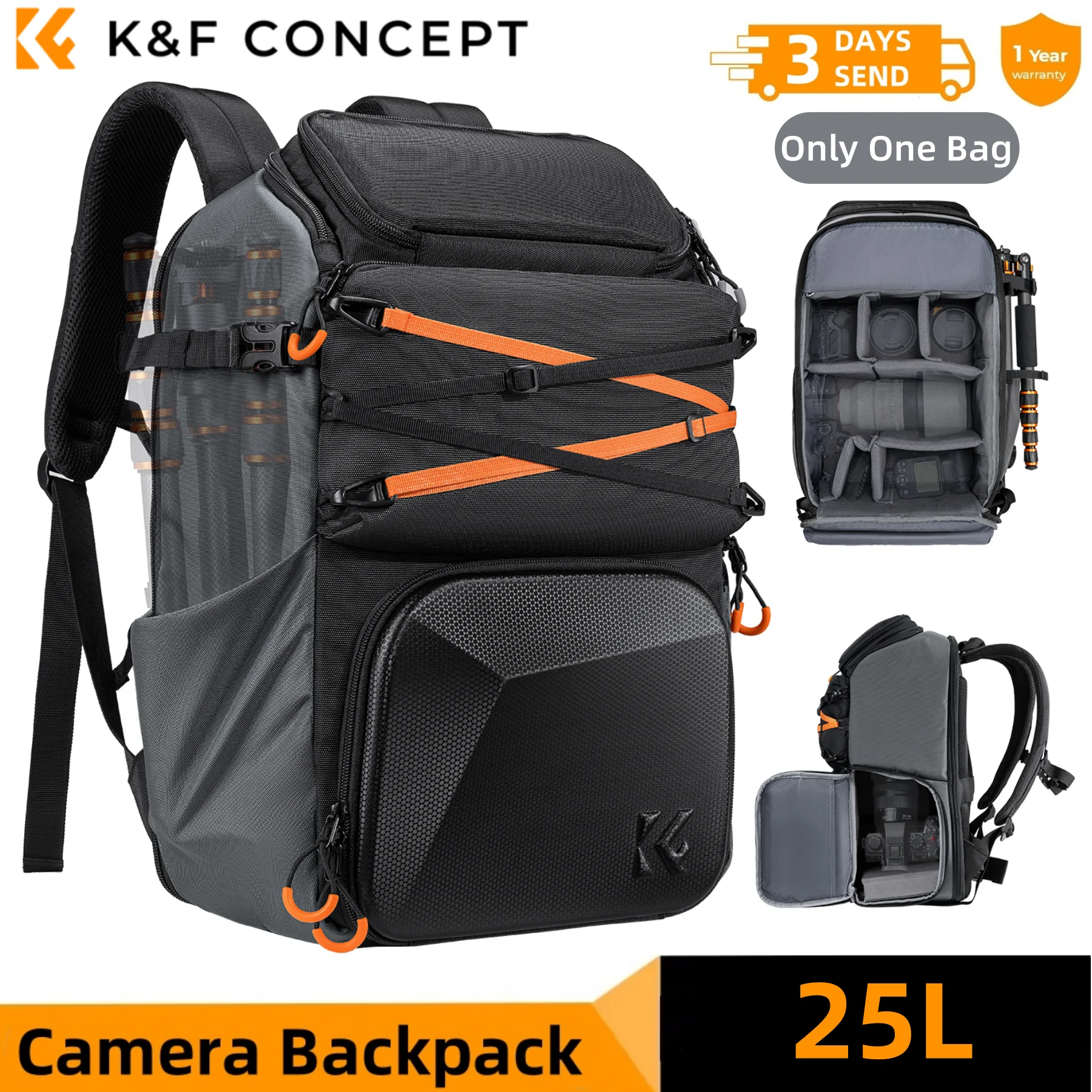 Фото K&F Concept 25L Сумка-рюкзак для уличной камеры для ноутбука Canon Sony DJI DSLR/SLR Дорожная сумка для камеры с ремешком для штатива и дождевиком №1