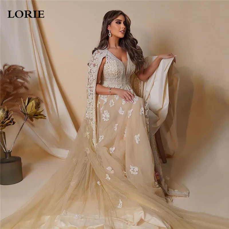 

LORIE Champagne Lace Sparkling Shiny Glitter Wedding Dresses V Neck Pleats Crystal Appliques Bride Dress Wedding Gowns 2023
