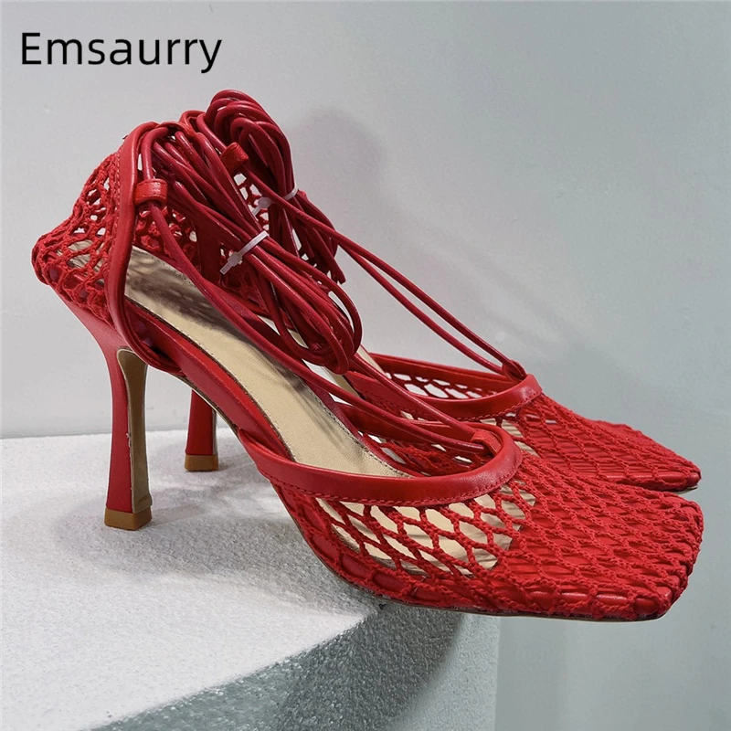 

Sexy Knitted Air Mesh Pumps For Girls Women Square Toe Ankle Wrap Thin High Heels Side Fretwork Dress Shoes Woman