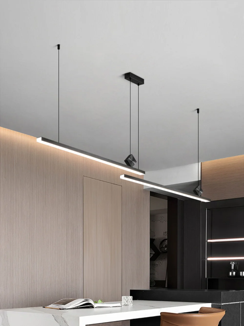 

Aluminum Dining Room Pendant Light Modern Nordic Black Geometric LED Strip Lights Office Dining Table Bar Lamps chandelier
