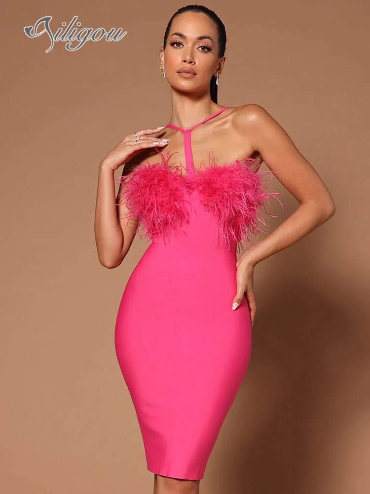 

Ailigou 2023 New Women's Sexy Ostrich Feather Rose Red Black Open Back Mini Tight Bandage Dress Elegant Evening Club Party Dress