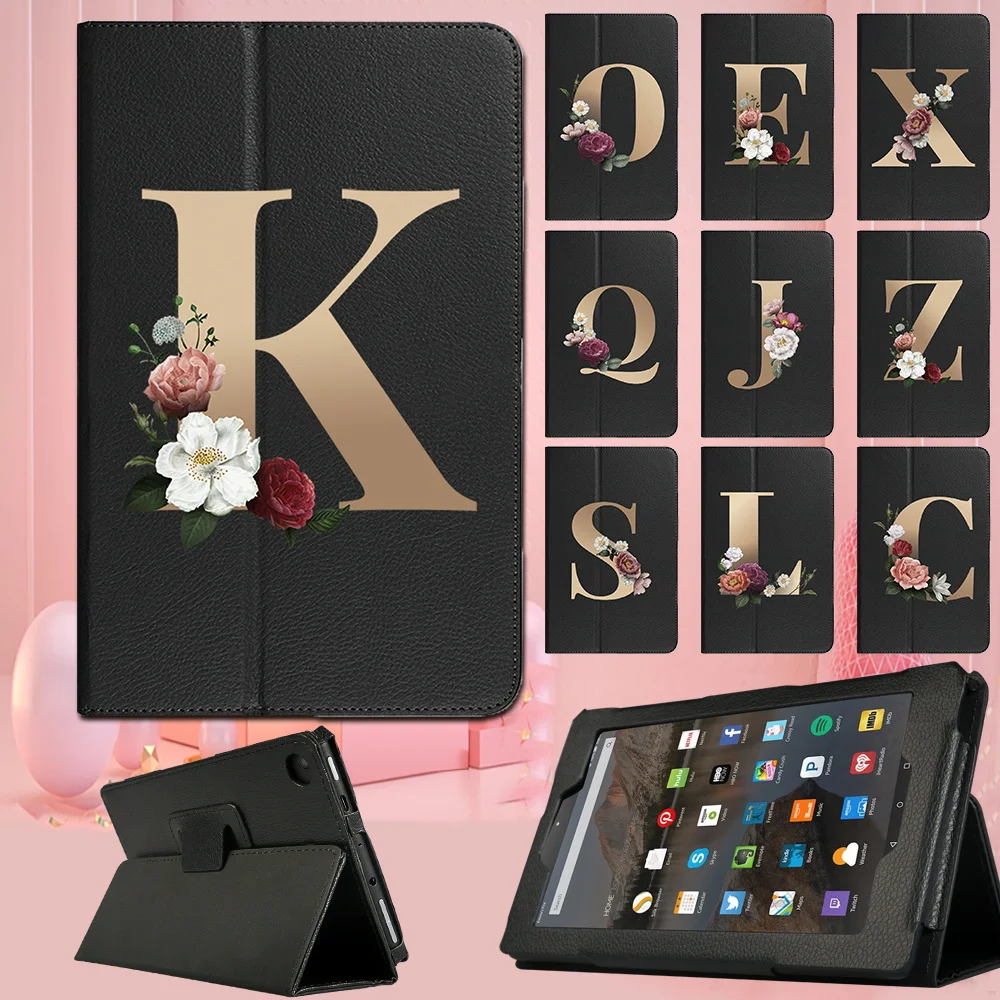 

Tablet Case for Fire HD 8/HD 10/Fire 7 New Drop Resistance Flowers Gold 26 Letters PU Leather Back Support Cover + Free Stylus