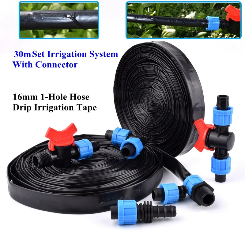30m Set 16mm 1-Hole Rain Drip Hose Garden Watering Irrigation Tape Joint Agriculture Greenhouse Water Saving System