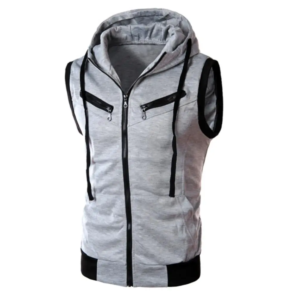 

Hip Hop Raglan Everyday Hoodies Vest Warm Pullover Color Block Summer Sports Men Zipper Sleeveless Fitness Hoodies Hooded Vest