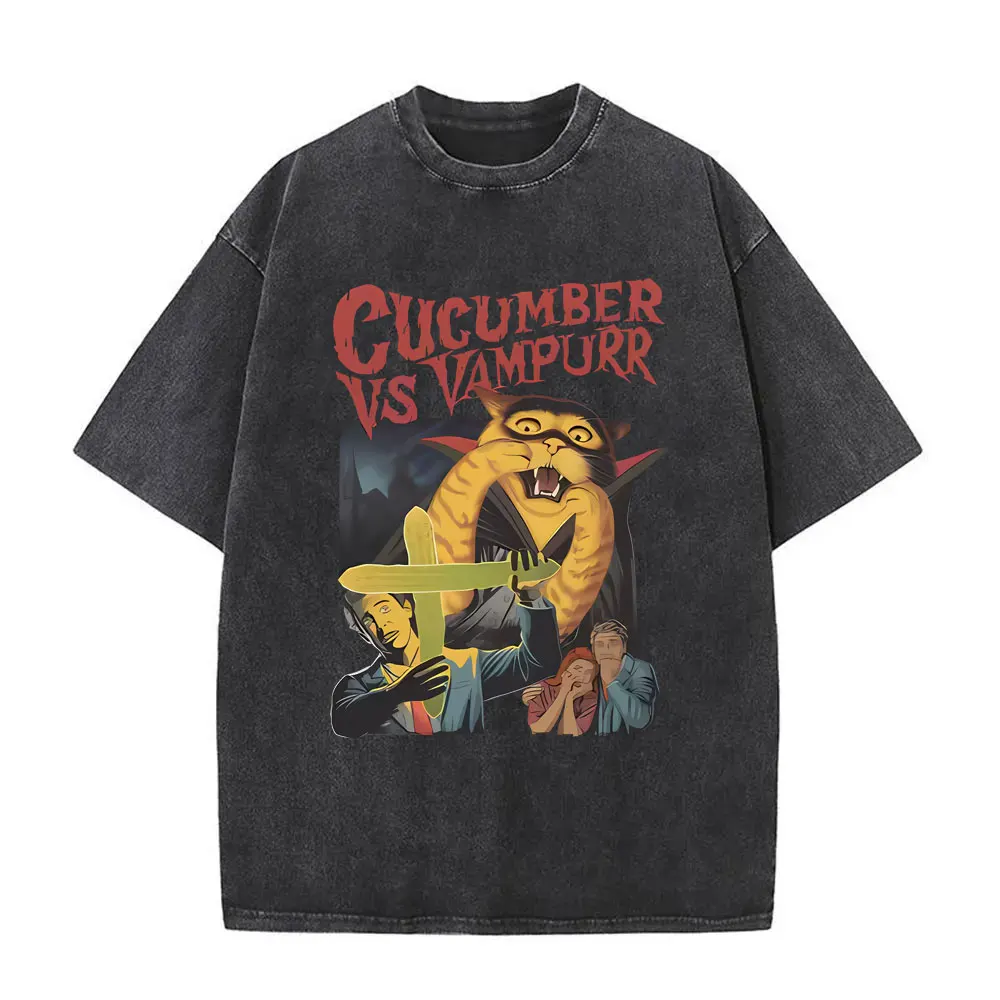Мытая Винтажная Футболка cucucumebr Vs Vampurr Cat возврат кошки мемы футболка для мужчин и