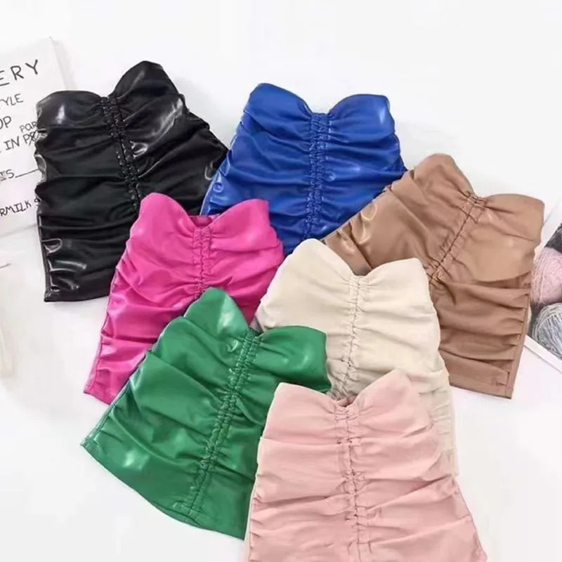 

2023 New Ruched Mini Skirts Toddler Baby Girls Boy Faux Leather PU Dress Boutique Clothes Street Style Fashion Solid Kids Skirts