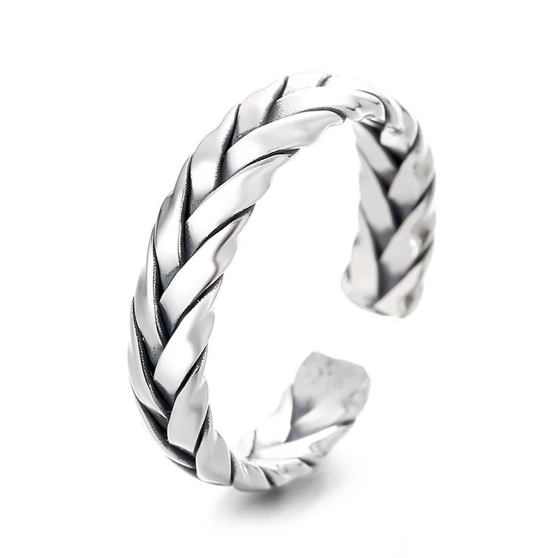

Original S925 Sterling Silver Punk Hip Hop Hand-Woven Ring Braid Styling Opening Adjustable Large Ring Wedding Gift Jewelry 925