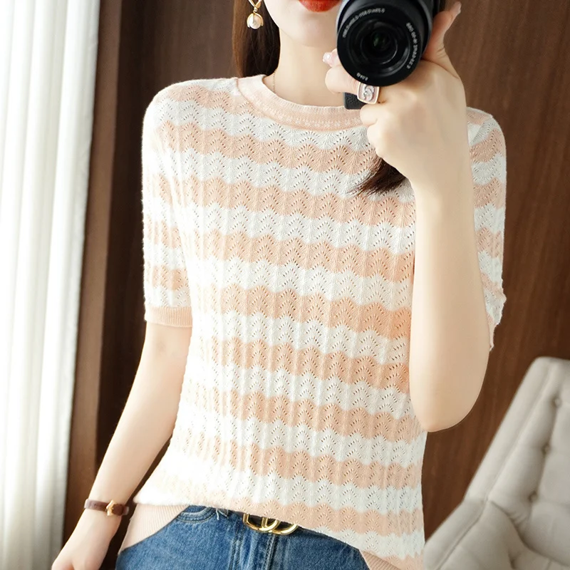 

Dinboa-t-shirt Ray Col Rond Pour Femme, Chandail Manches Courtes Et Col Rond, Avec Bride Suprieure, 2022 Coton, t, 100%