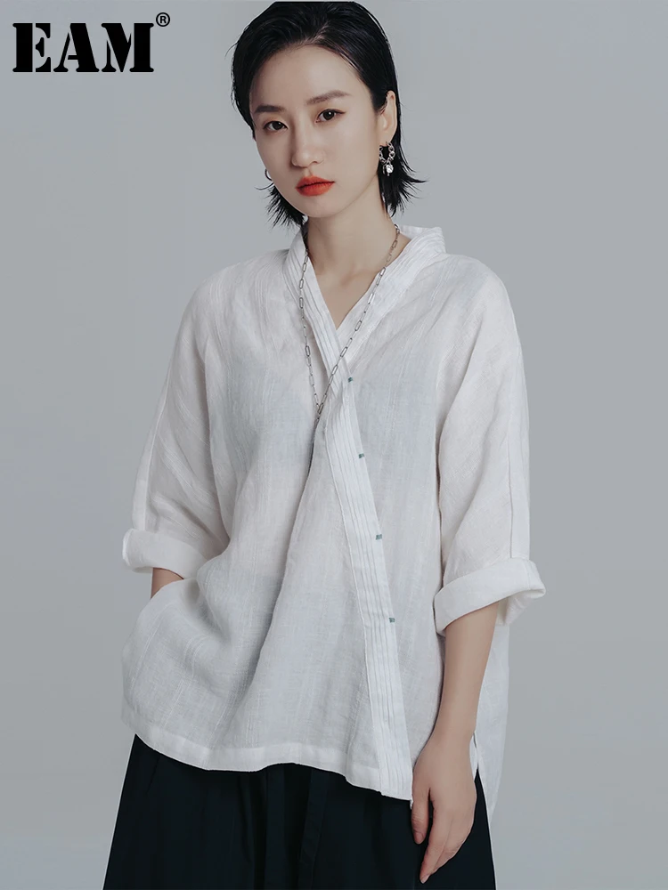 

[EAM] Women White Linen Big Size Blouse New V-neck Three-quarter Sleeve Loose Fit Shirt Fashion Tide Spring Autumn 2022 1DE6585