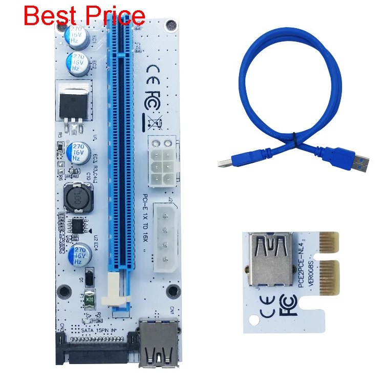 

Адаптер Райзера Pci-e 50 шт./лот Ver008s 60 см с 4pin 6pin Sata 3 в 1 Power Pcie 1x до 16x Extender для графической карты