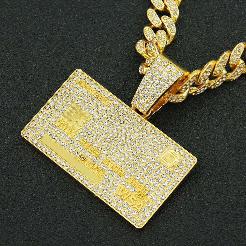 

Men Women Hip Hop Bank Card Shape Pendant Necklace with 13mm Crystal Cuban Chain HipHop Iced Out Bling Necklaces Fashion Jewelry