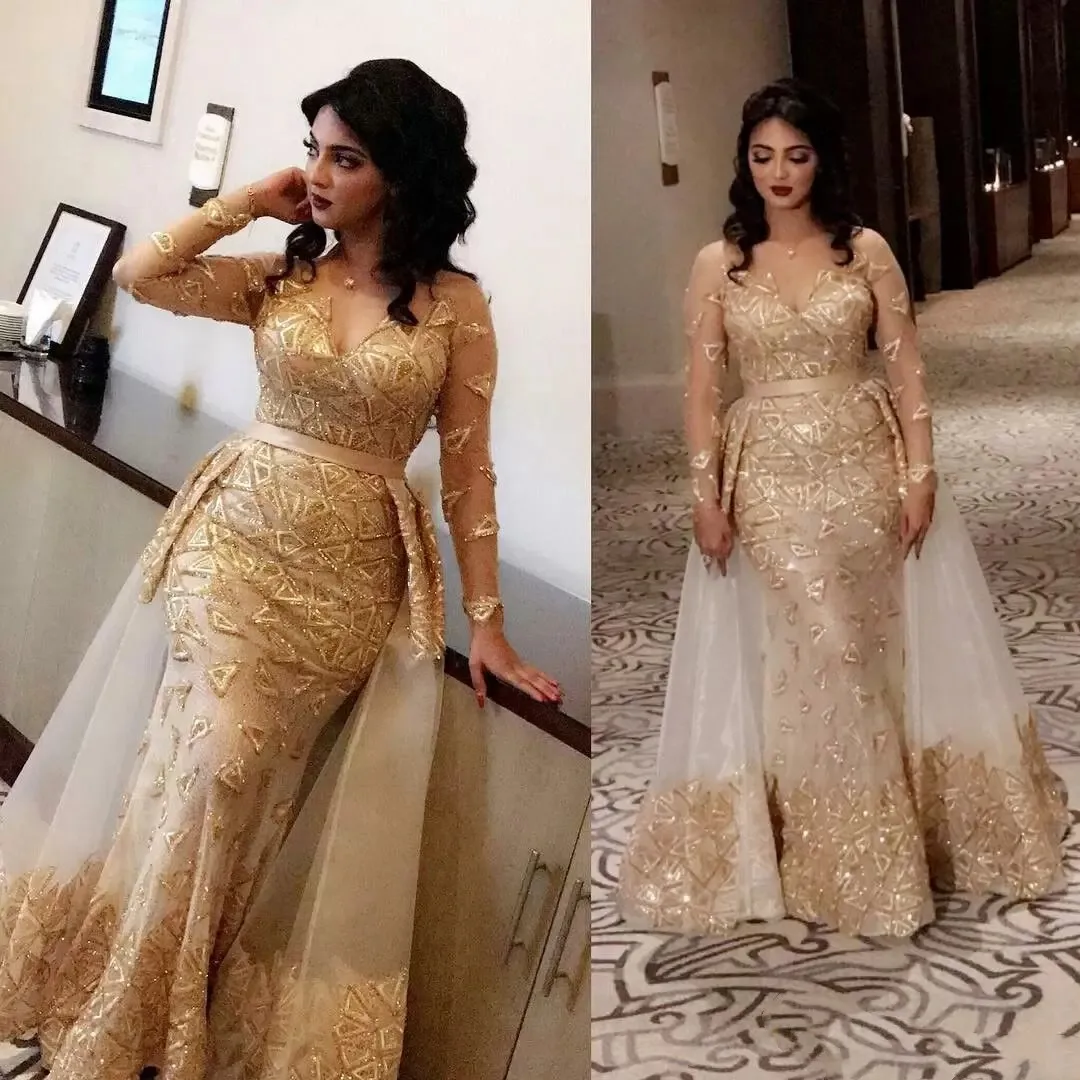 

Aso Ebi Arabic Gold Luxurious Sexy Evening Dresses Sheer Neck Lace Beaded Prom Dresses Mermaid Formal Party Second Reception Gow