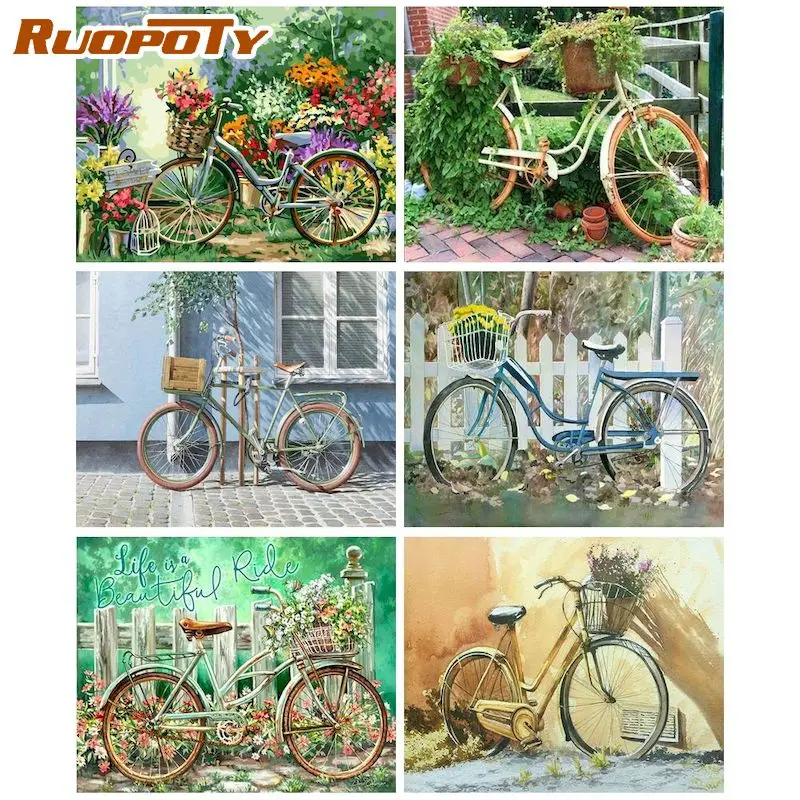 

RUOPOTY Frame Acrylic Painting By Numbers DIY Gifts Canvas Painting Flowers And Bike Door Paint By Numbers Wall Art Unique Gift