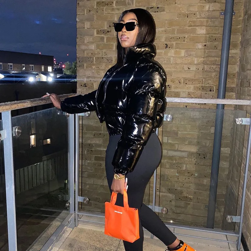 Women's Solid Color Zipper Mirror Thermal Padded Jacket Coat
