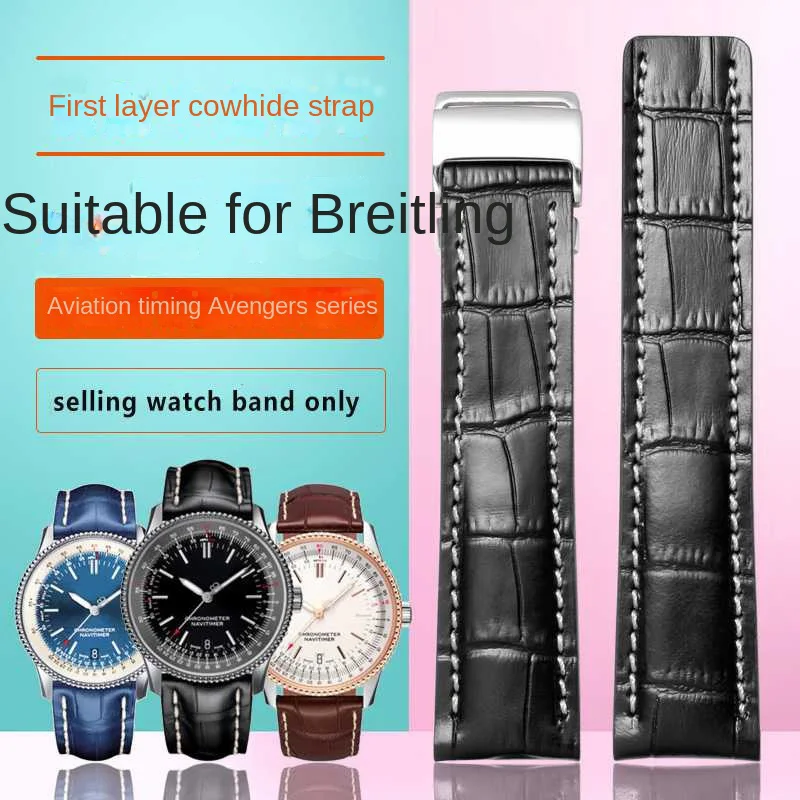 

Soft Calfskin Leather Watch Strap Band 22mm 24mm For Breitling Watchband Avenger/navitimer Premier Bracelet Folding Buckle